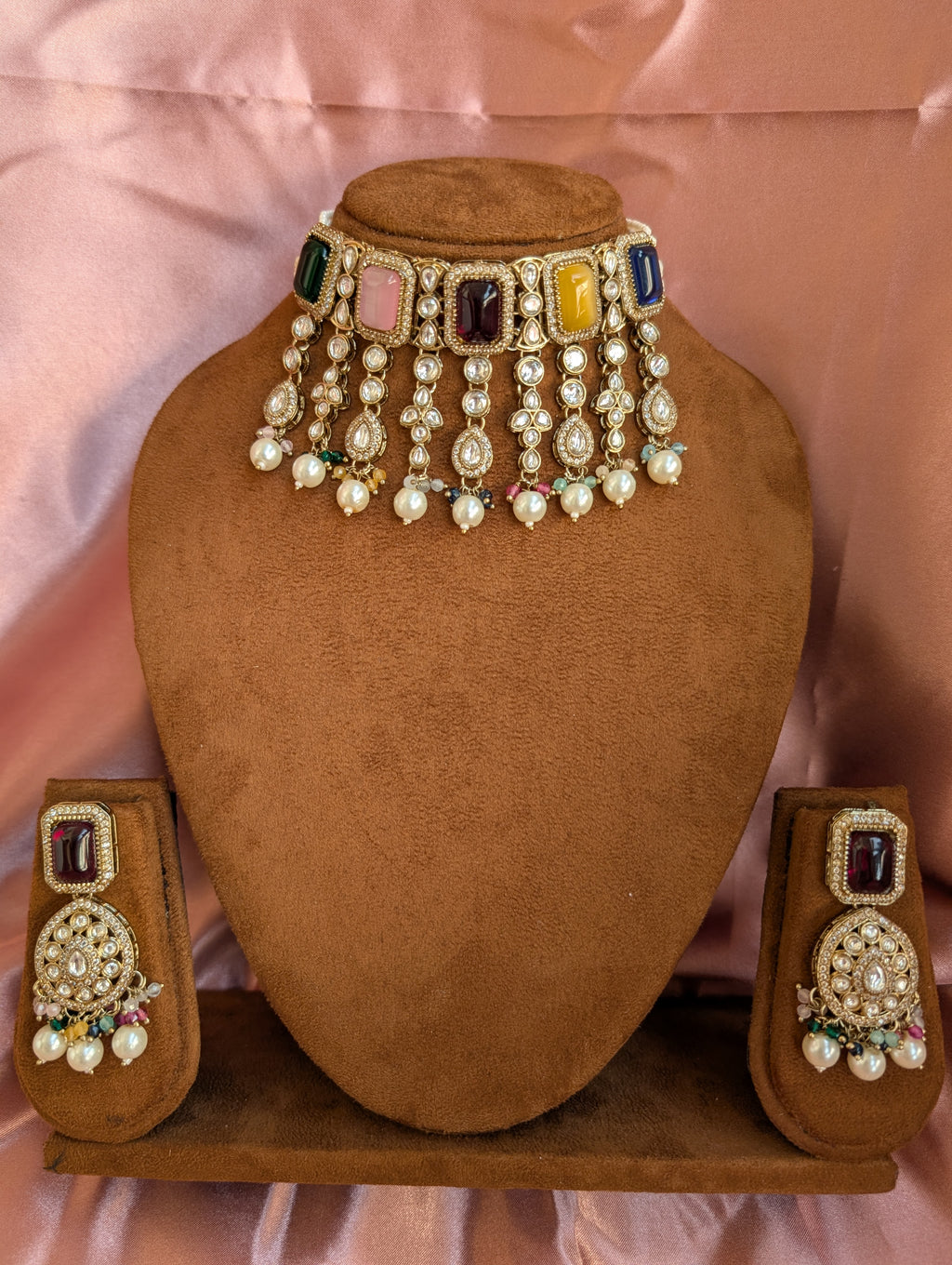 Multicolor Kundan Choker Necklace Set with Pearl Drops