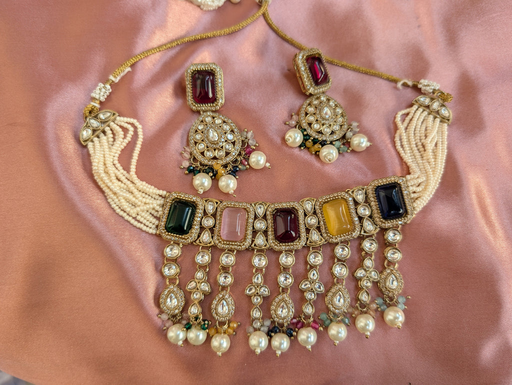 Multicolor Kundan Choker Necklace Set with Pearl Drops