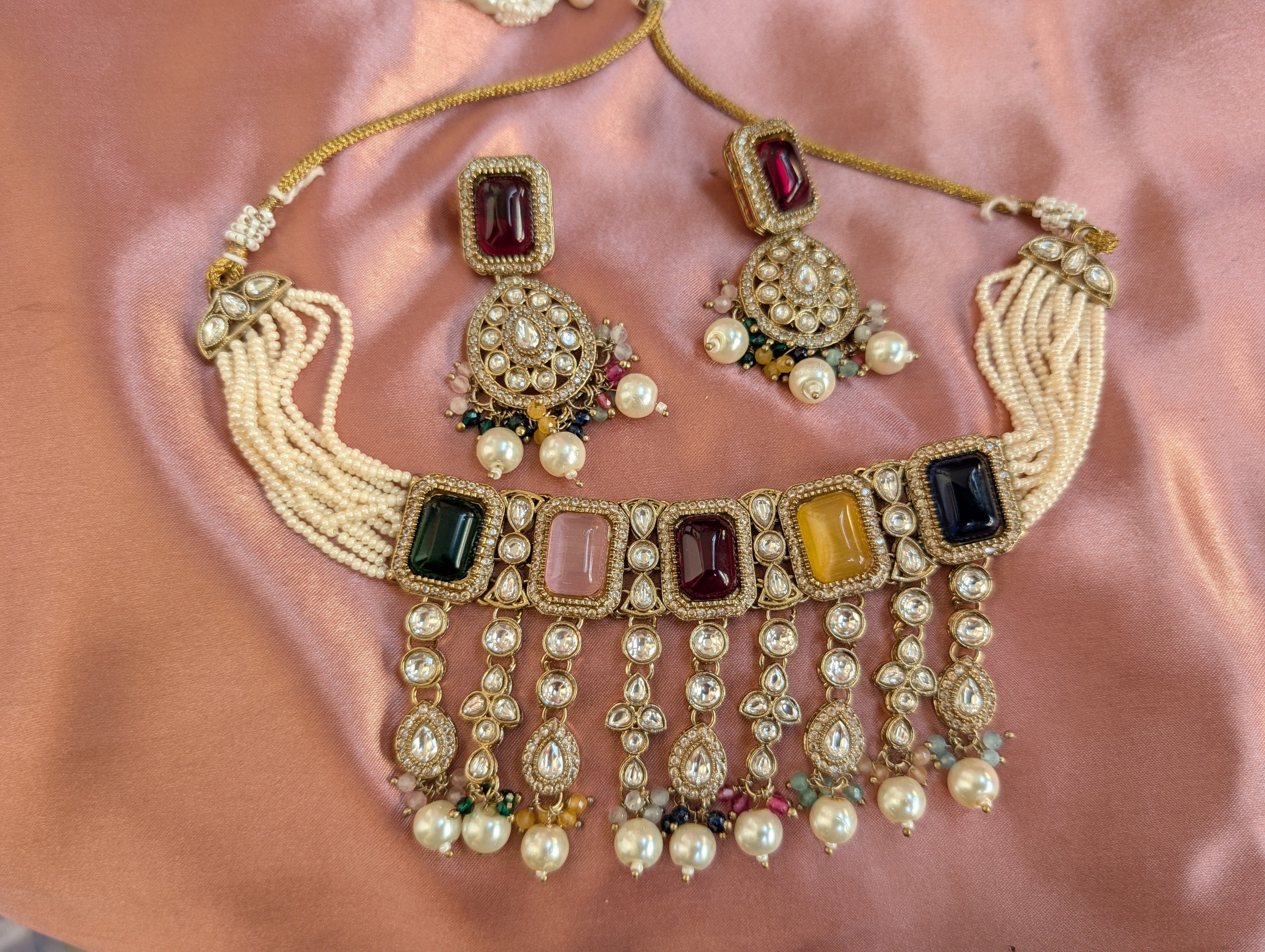Multicolor Kundan Choker Necklace Set with Pearl Drops