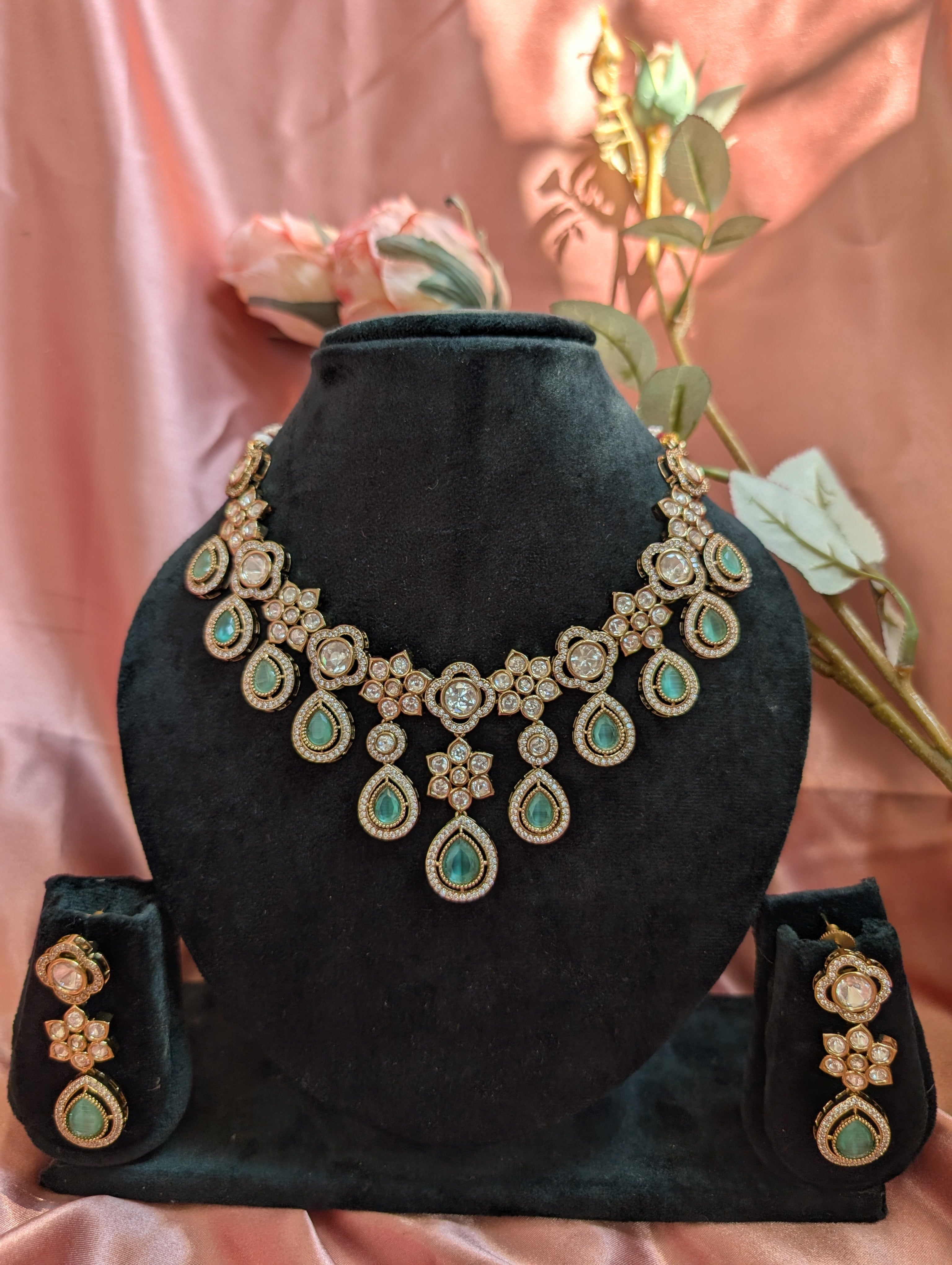 Emerald Teardrop Polki Necklace with Earrings