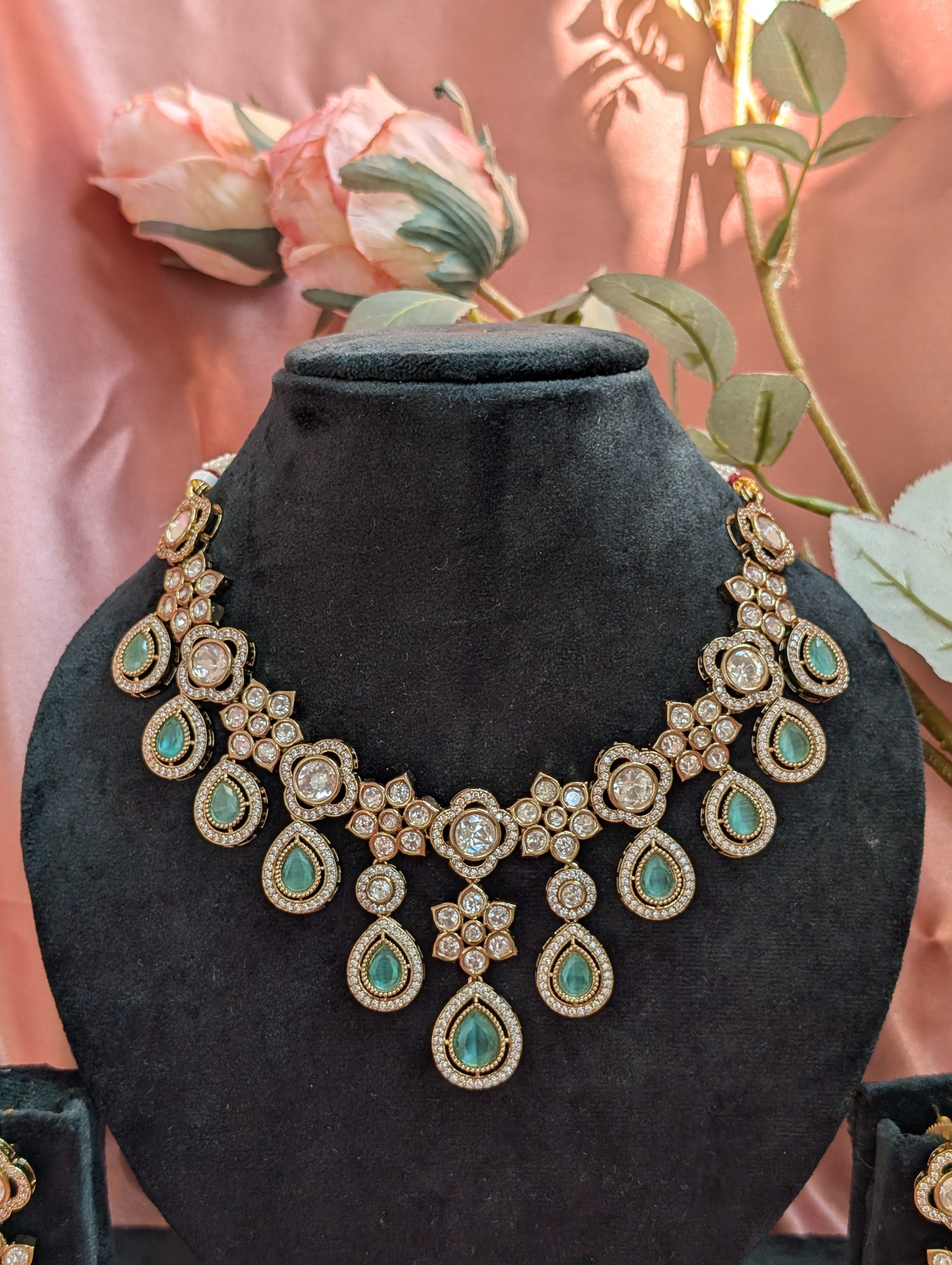 Emerald Teardrop Polki Necklace with Earrings