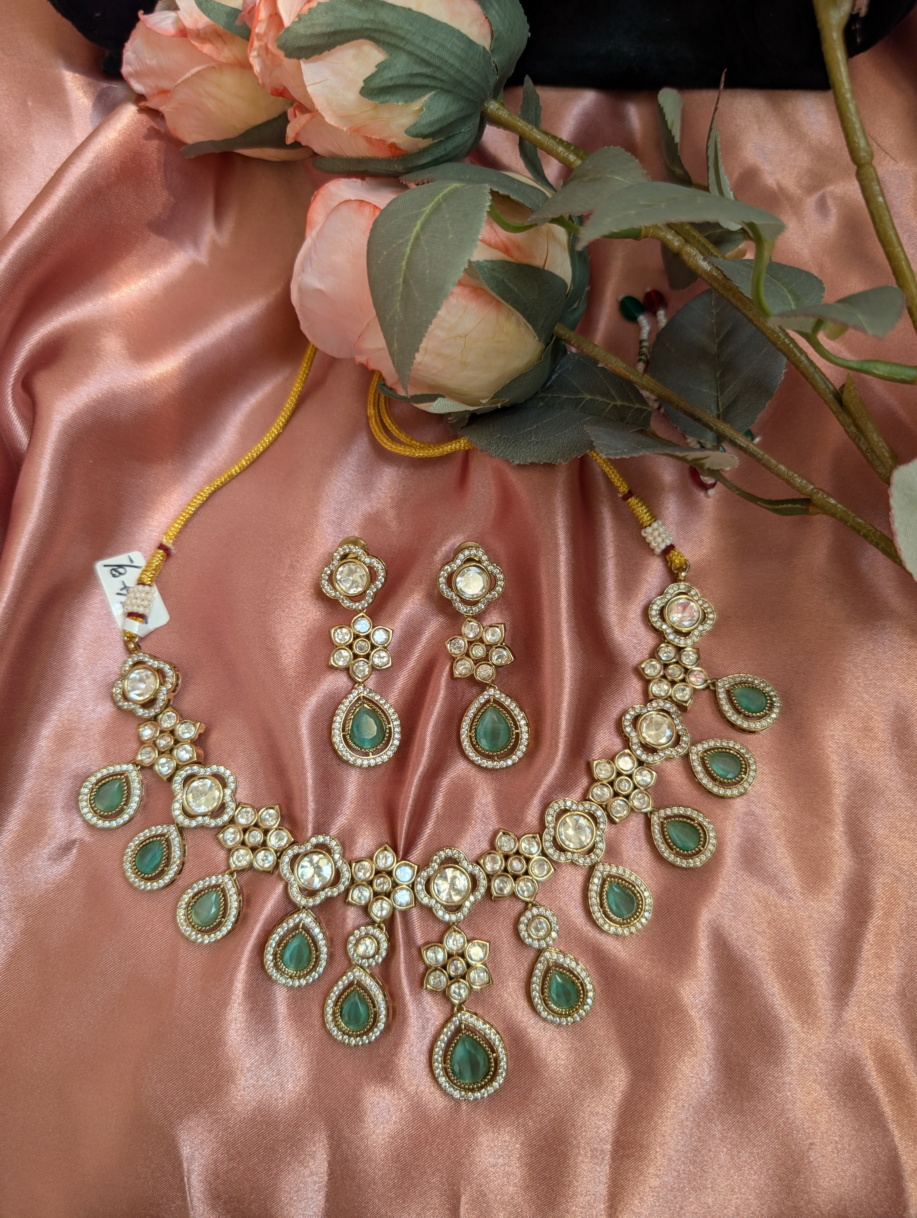 Emerald Teardrop Polki Necklace with Earrings