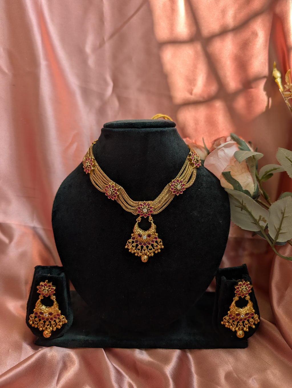 Ruby Floral Temple Necklace with Earrings