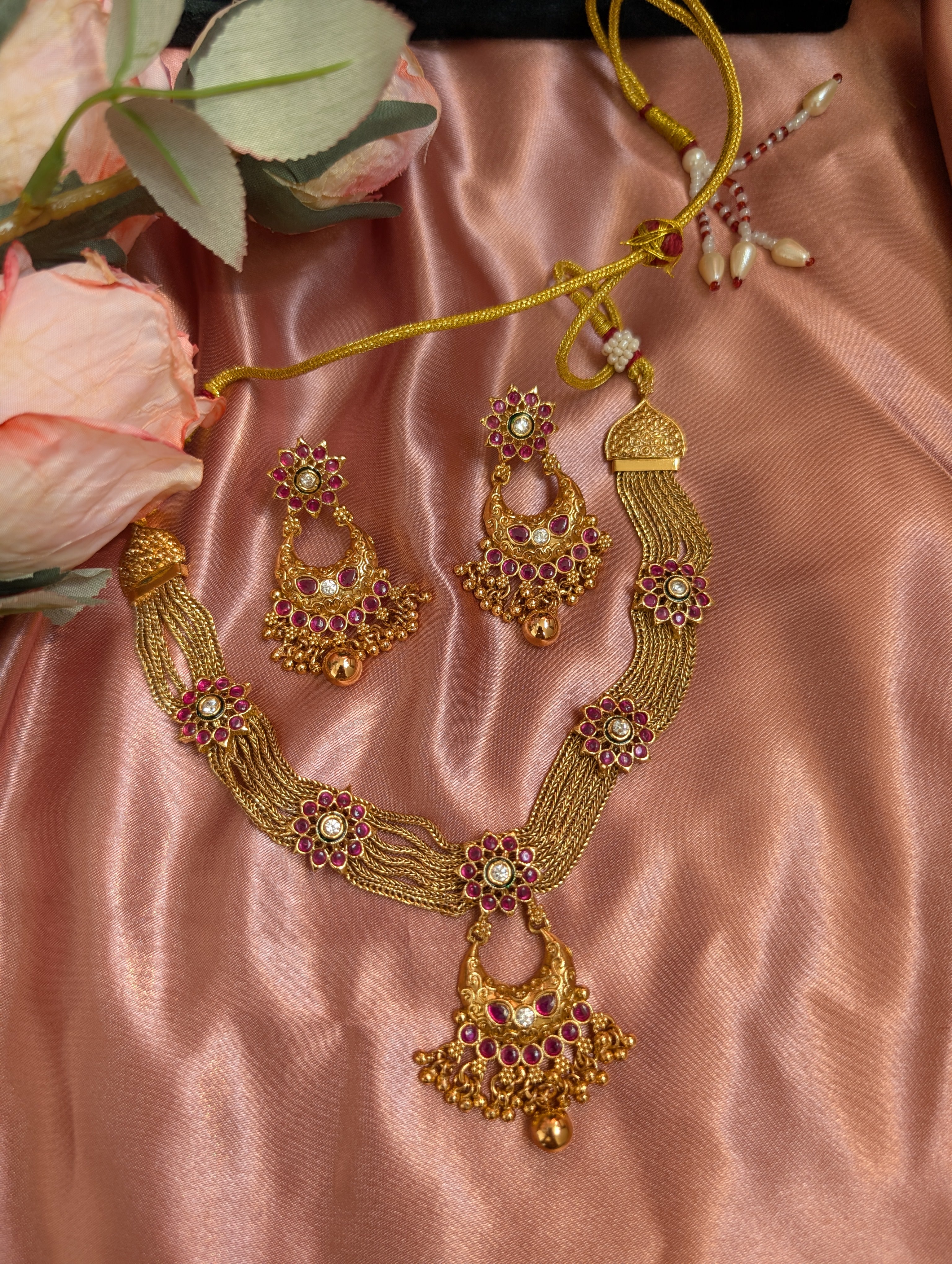Ruby Floral Temple Necklace with Earrings