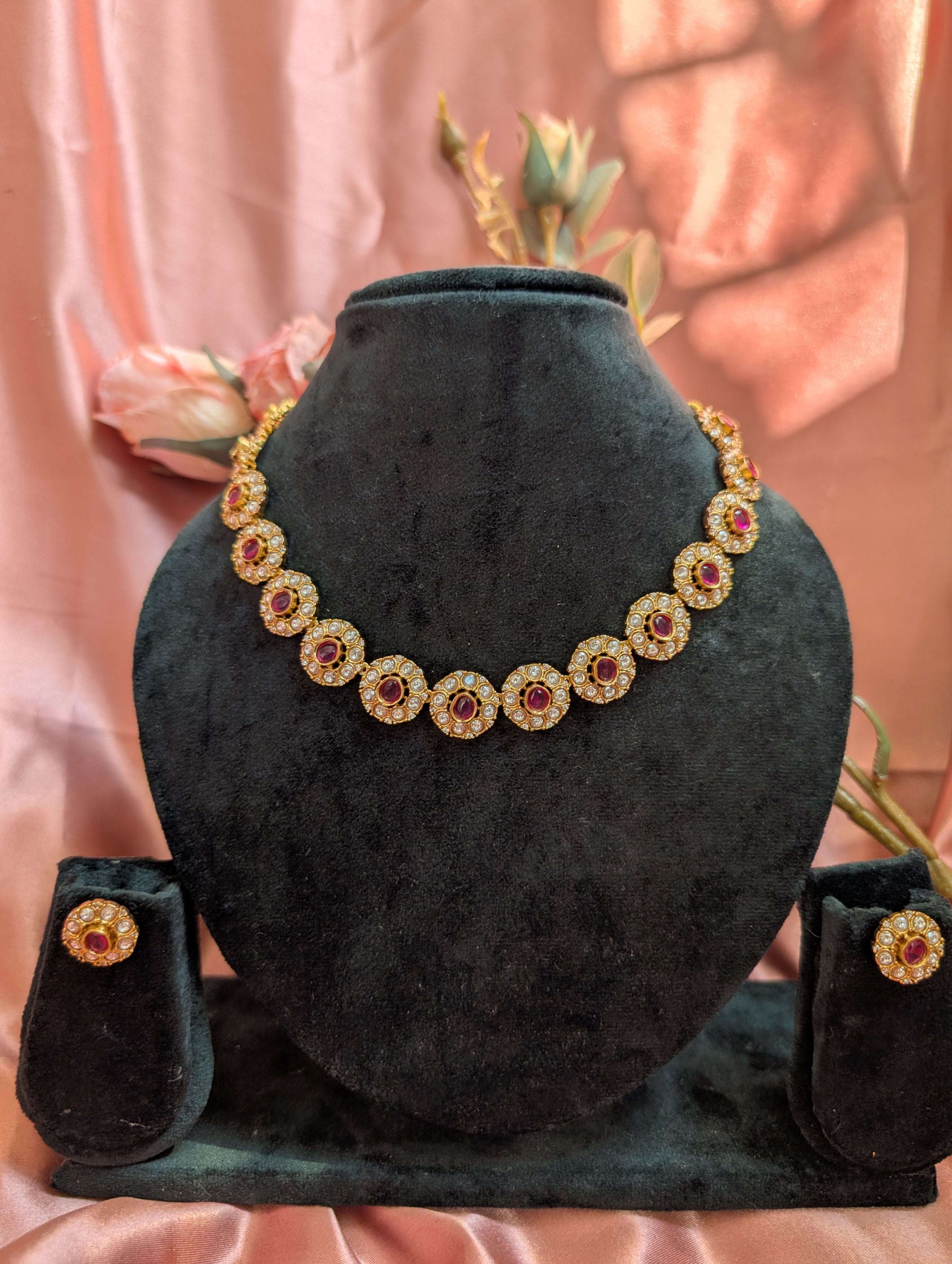 Ruby Floral Necklace With Earrings