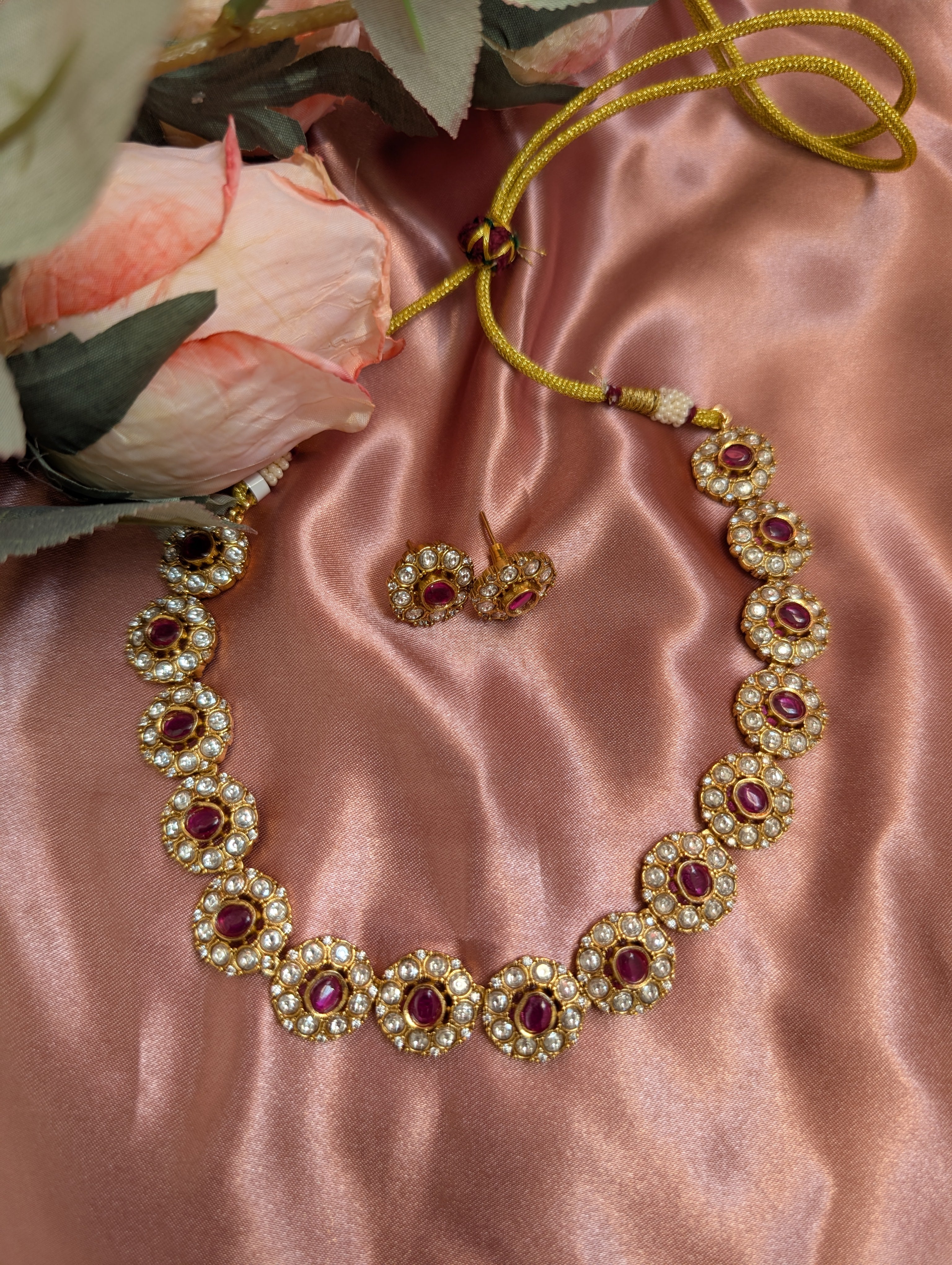 Ruby Floral Necklace With Earrings