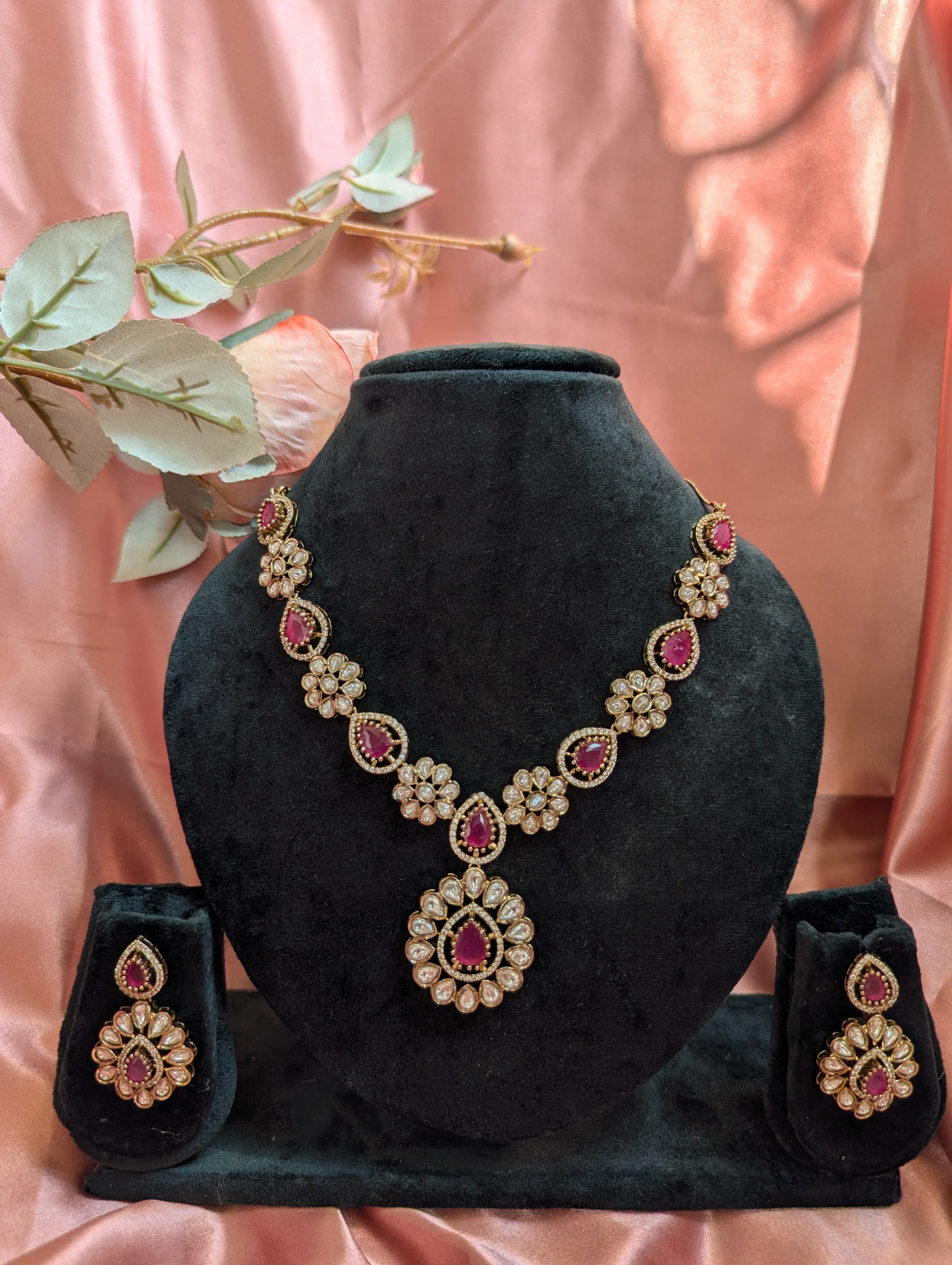 Ruby Floral Kundan Drop Necklace With Earrings