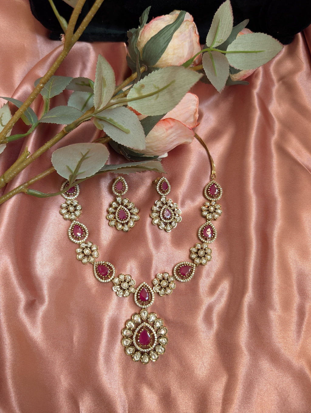 Ruby Floral Kundan Drop Necklace With Earrings