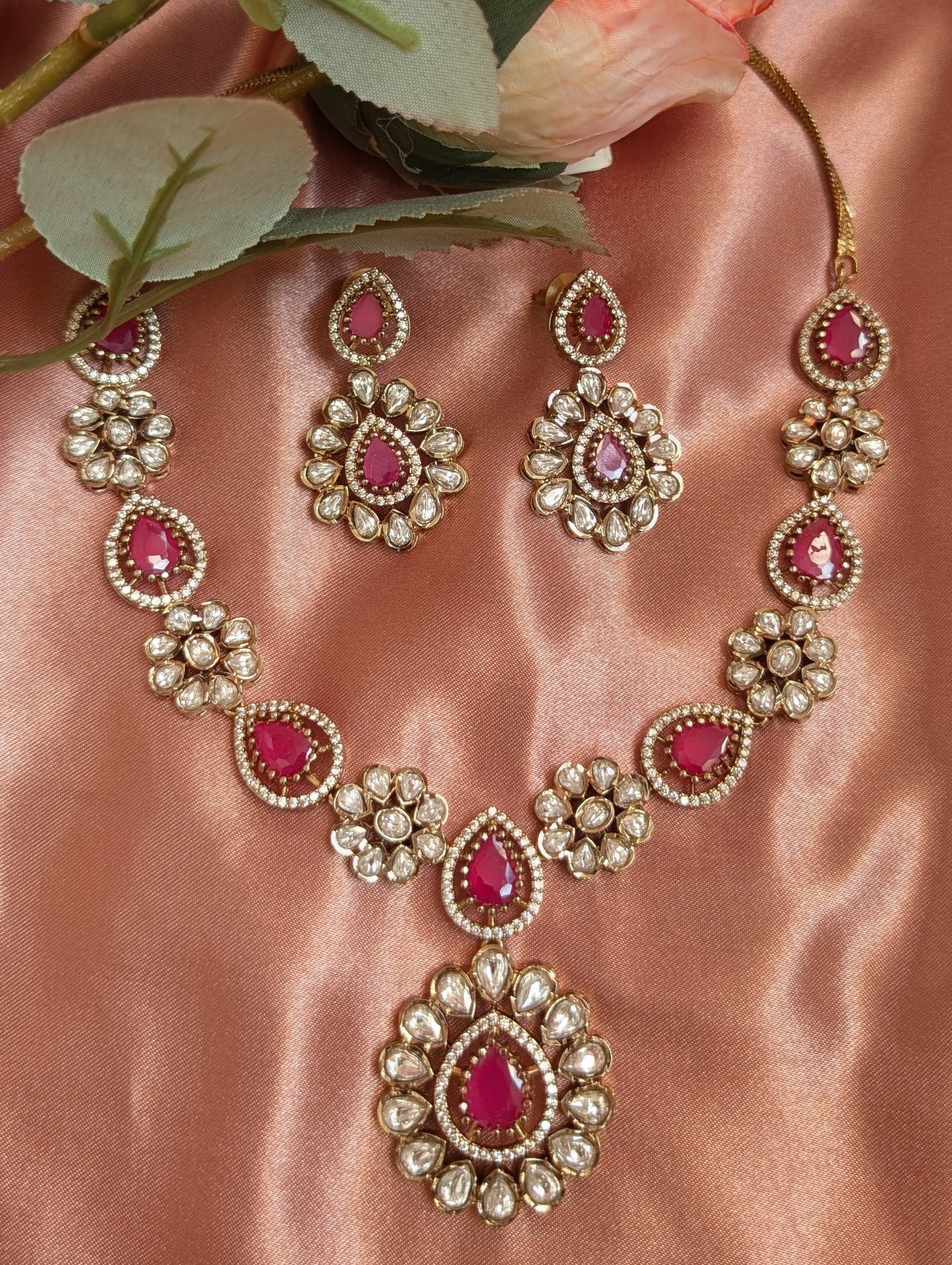 Ruby Floral Kundan Drop Necklace With Earrings