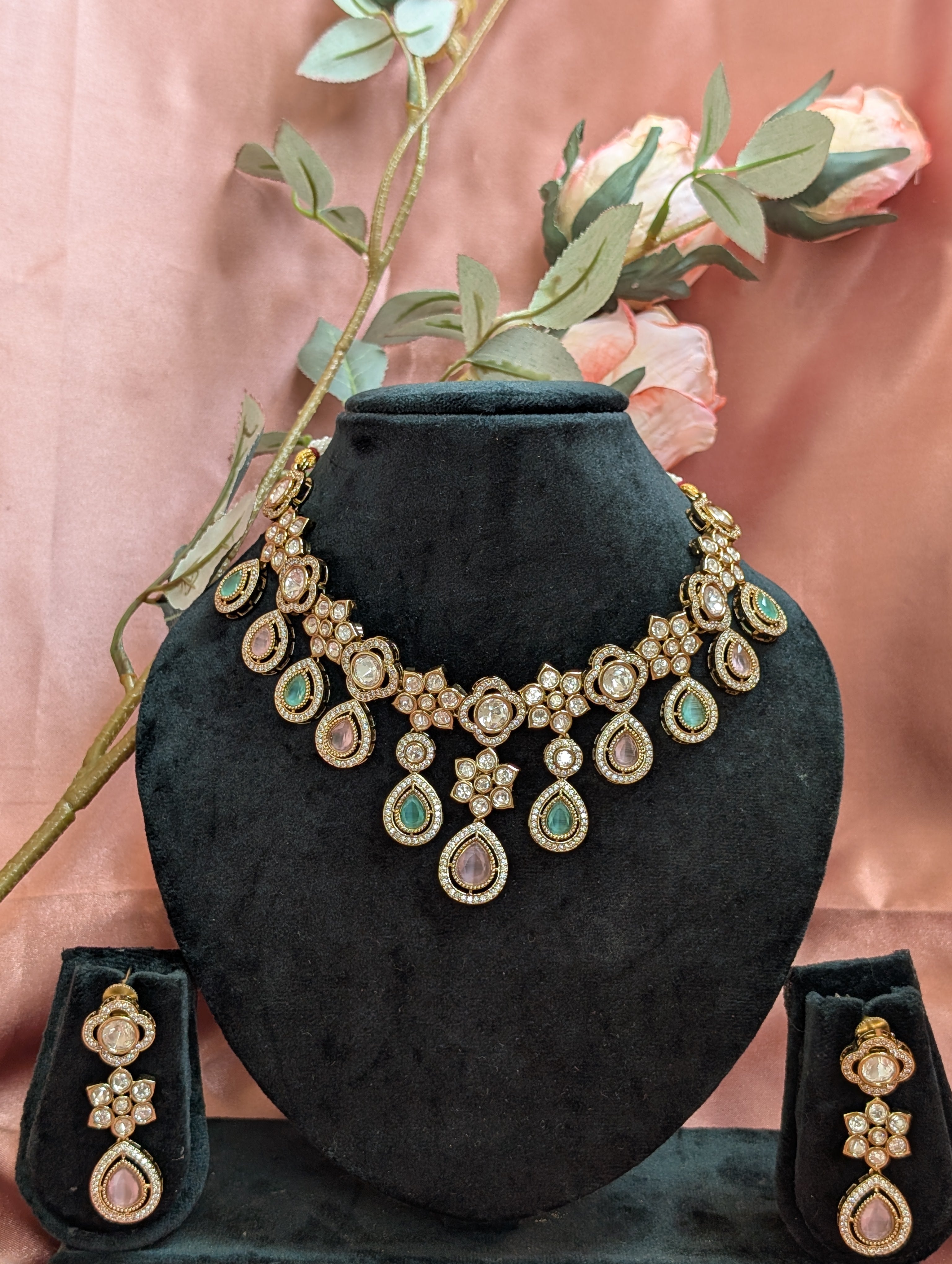 Multi Color Teardrop Polki Necklace with Earrings