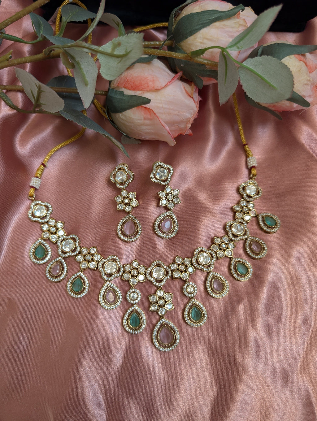 Multi Color Teardrop Polki Necklace with Earrings