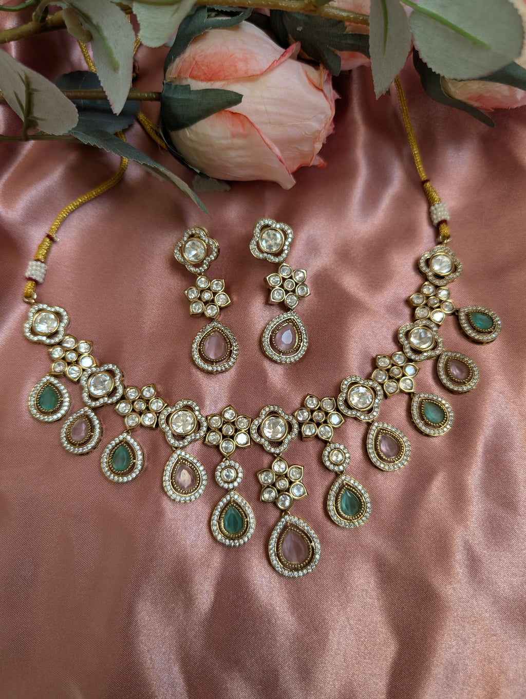 Multi Color Teardrop Polki Necklace with Earrings