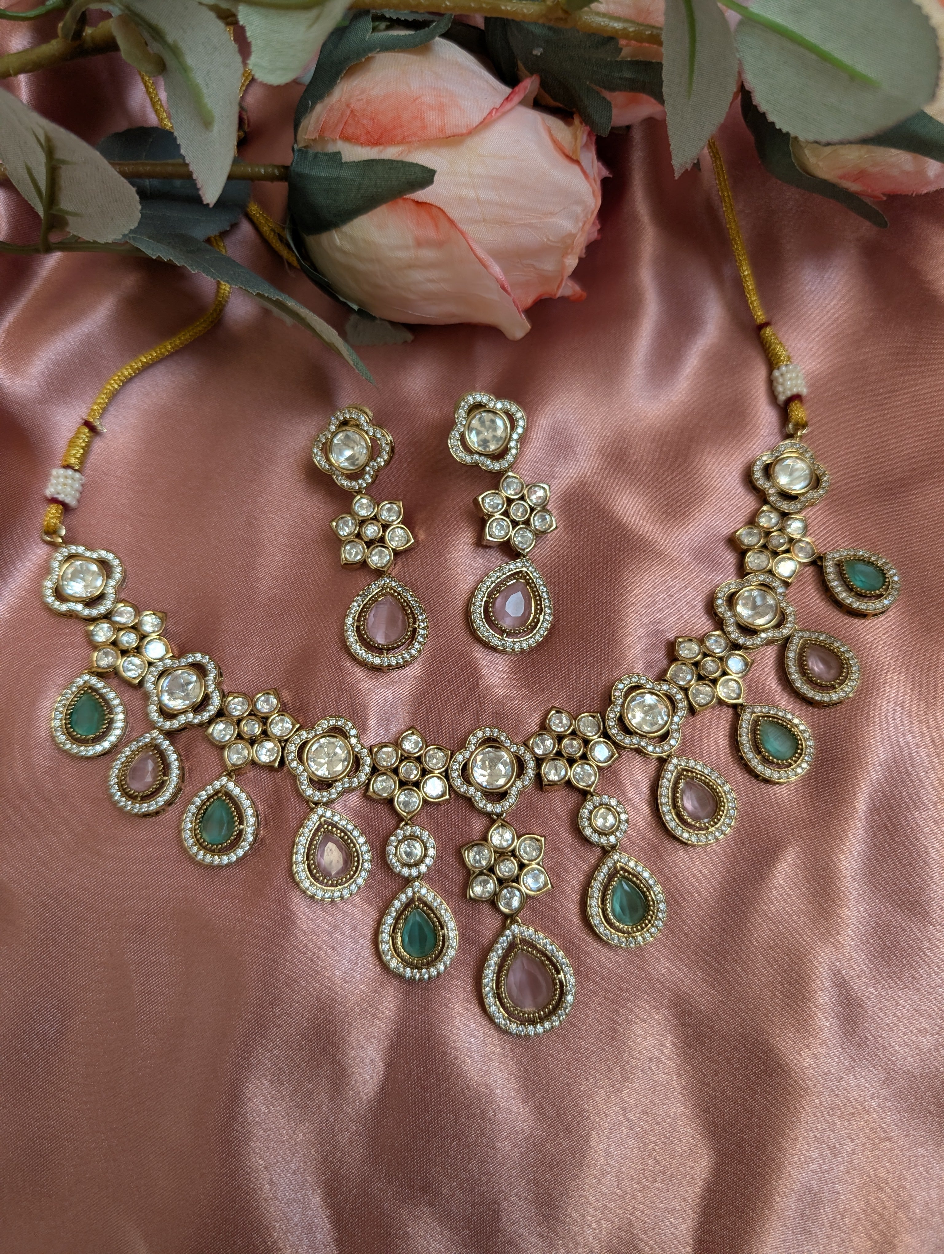Multi Color Teardrop Polki Necklace with Earrings