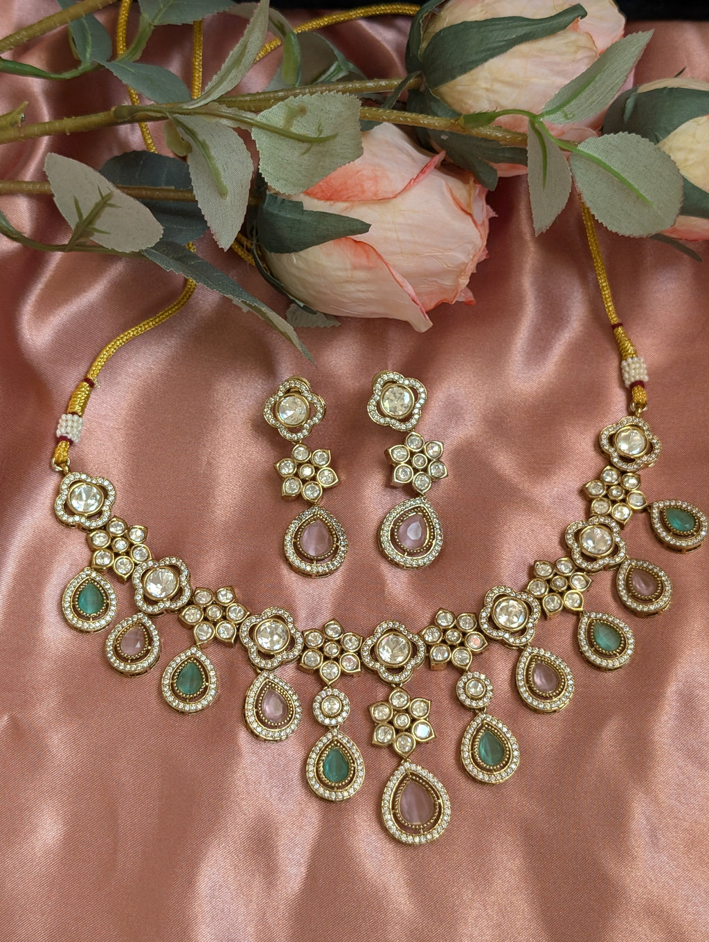 Multi Color Teardrop Polki Necklace with Earrings