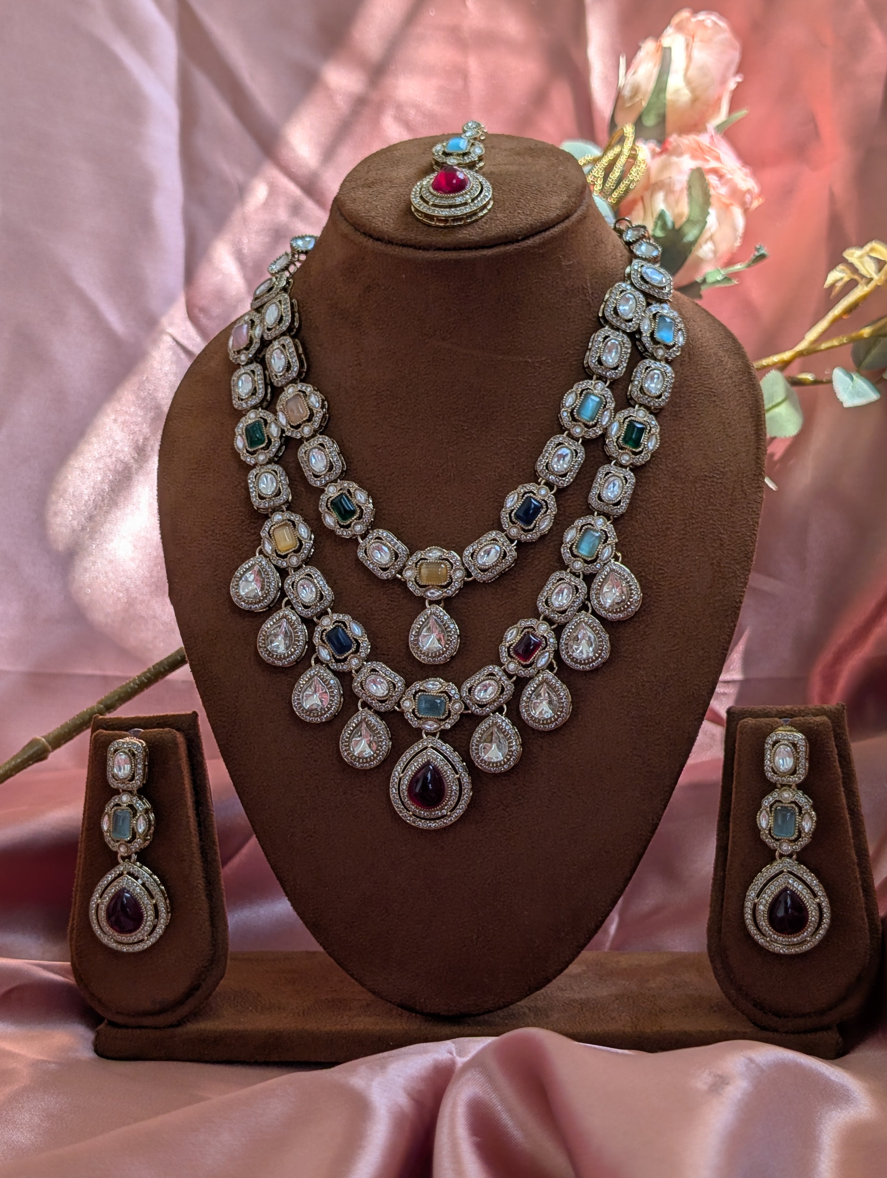 Noor Navratna Polki Statement Necklace Set