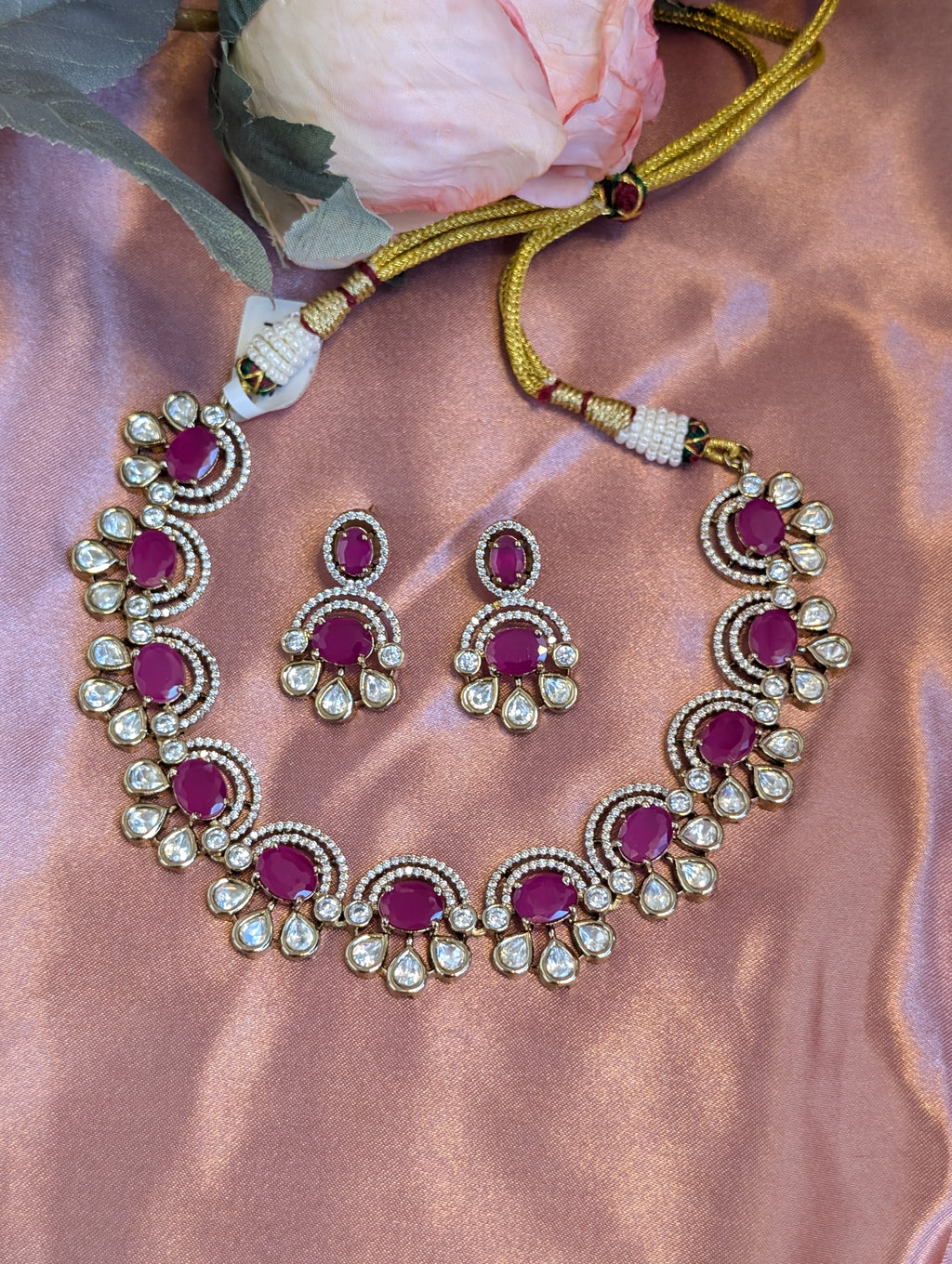 Pink Ruby Polki Necklace Set