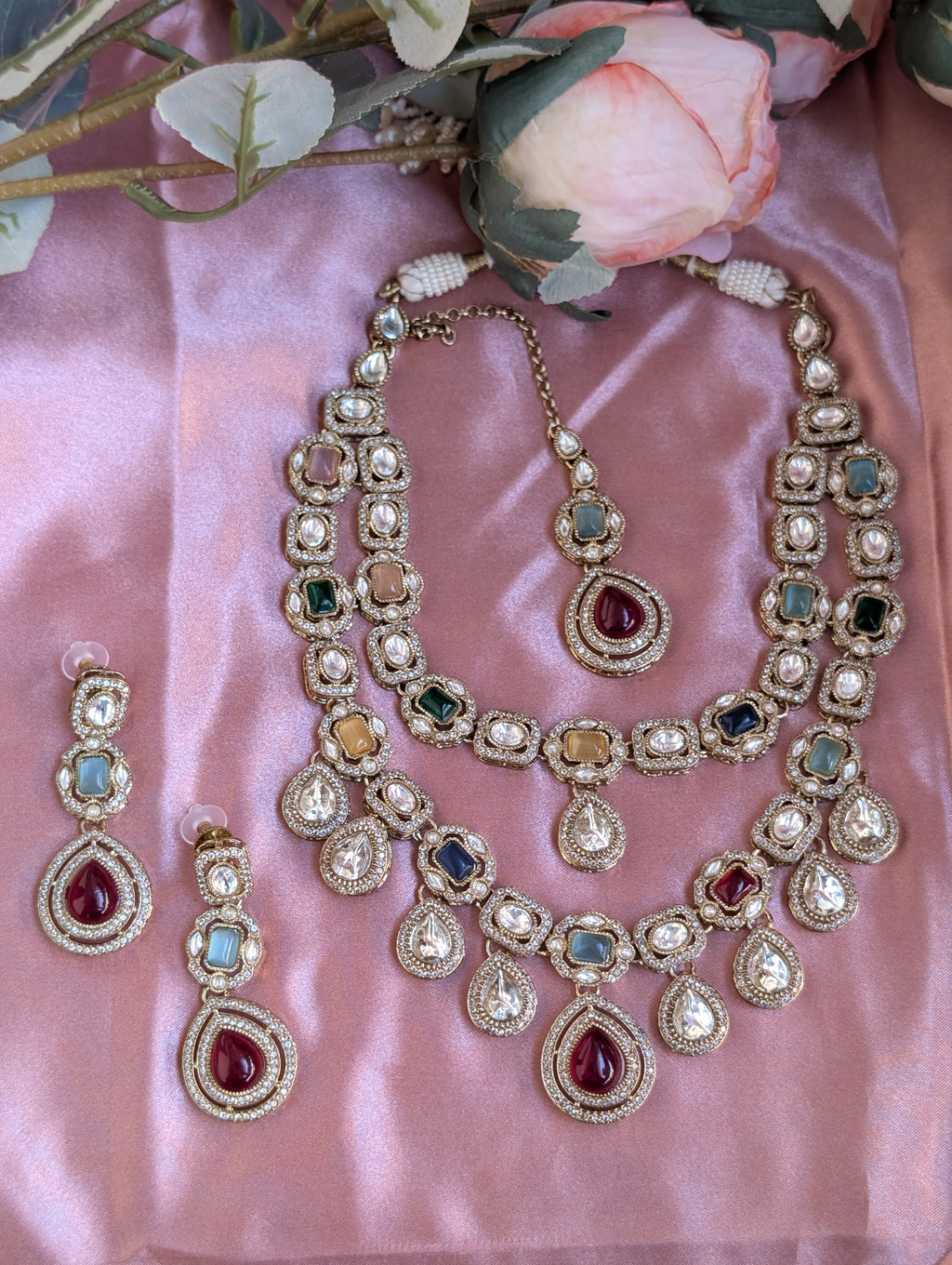 Noor Navratna Polki Statement Necklace Set